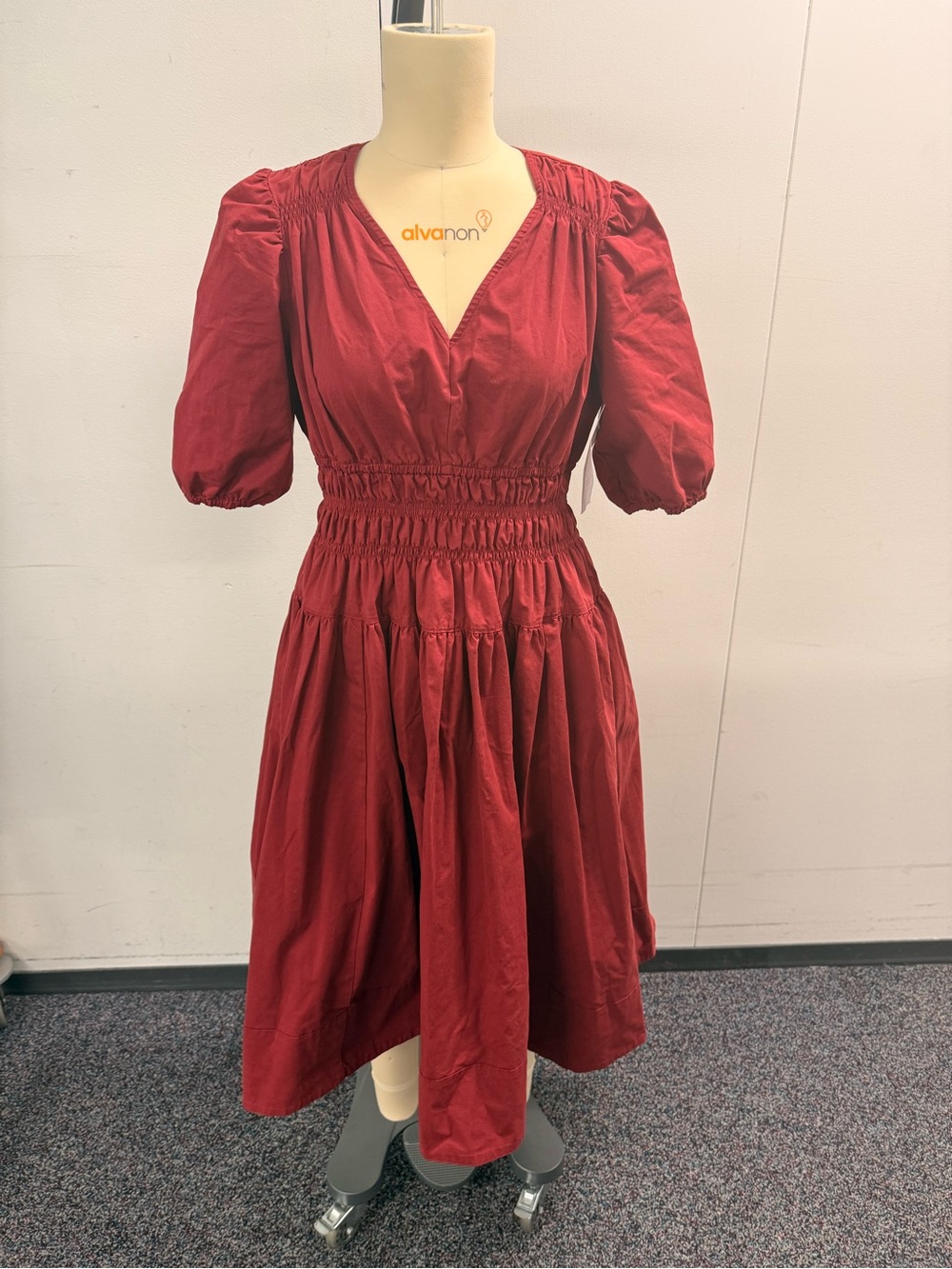 crown & ivy Cranberry Red Puff Sleeve Smocked Midi Dress